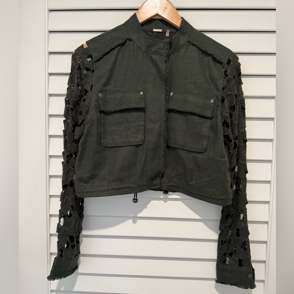Elie Tahari Green Cotton Utility Jacket with Lace-Up Sleeves